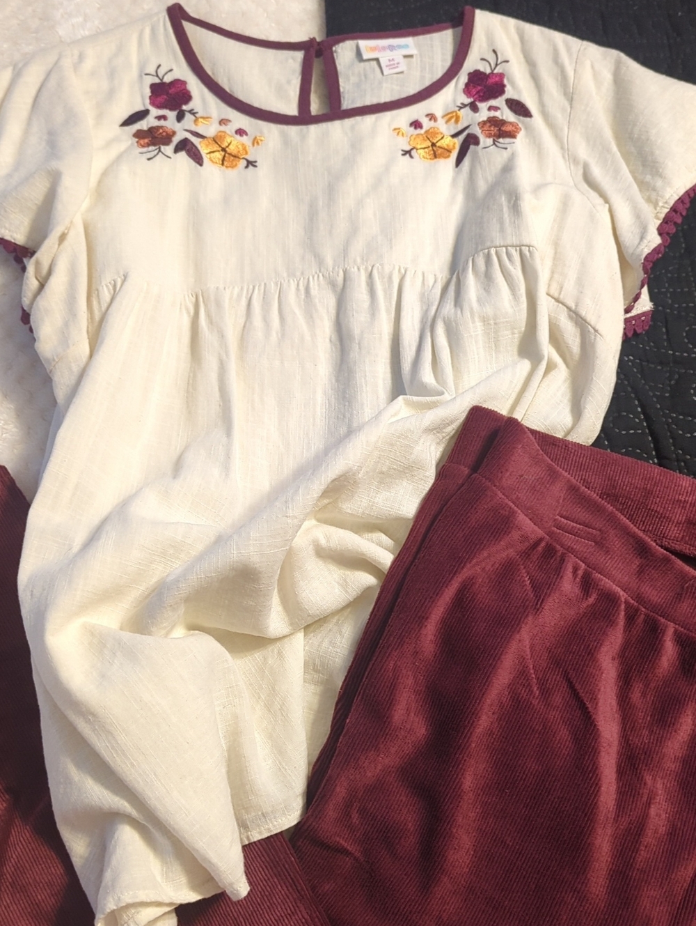 LuLaRoe Cream Peasant Blouse with Burgundy Floral Embroidery
